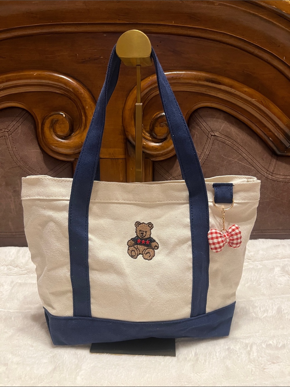 Canvas Bear Tote Bag with Navy Accents